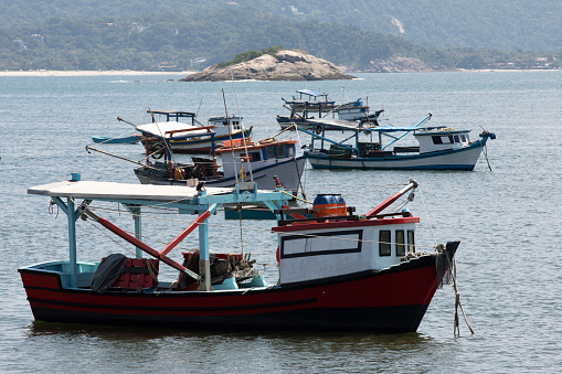 Fishing boats on the beach of Pereque in Guaruja, coast of the State of Sao Paulo
