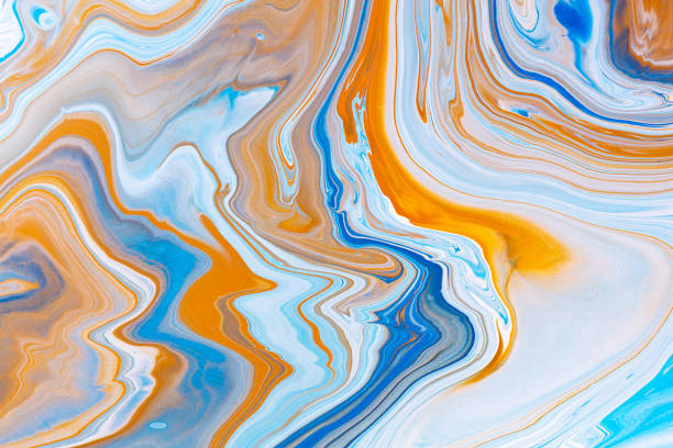 istock Fluid art texture. Backdrop with abstract mixing paint effect. Liquid acrylic artwork with artistic mixed paints. Can be used for baner or wallpaper. Blue, orange and white overflowing colors. 1304120165