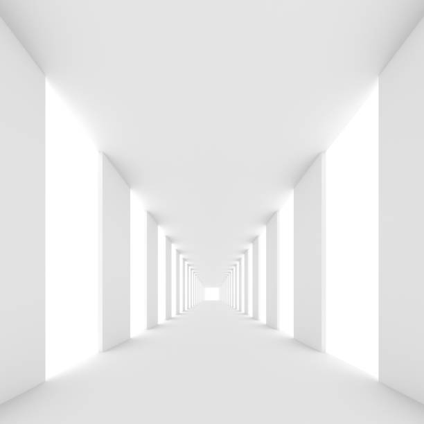 istock Futuristic empty white corridor with walls and bright light 1304121011