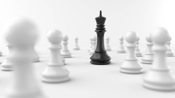 Leadership concept, black king of chess, standing out from the crowd of white pawns, on white background stock photo