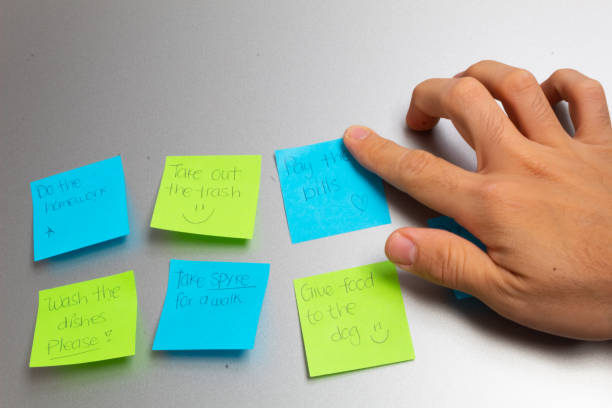 istock Reminders taped to fridge door and hand holding to read them 1304123892