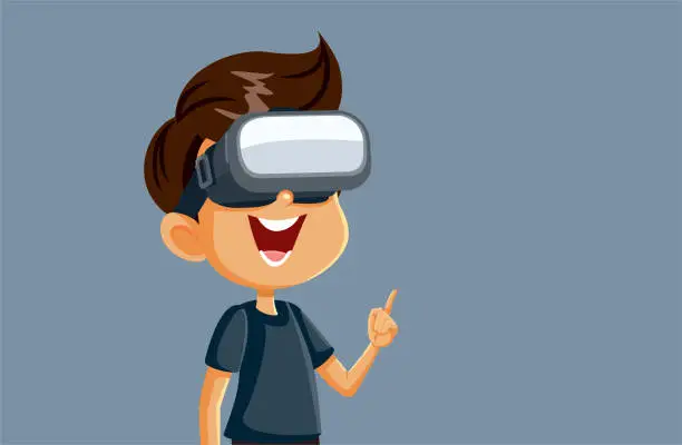 Vector illustration of Cheerful Boy Wearing VR Glasses Having Fun