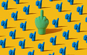 like thumbs up and middle finger icons repetition pattern with trendy lighting with hard shadow