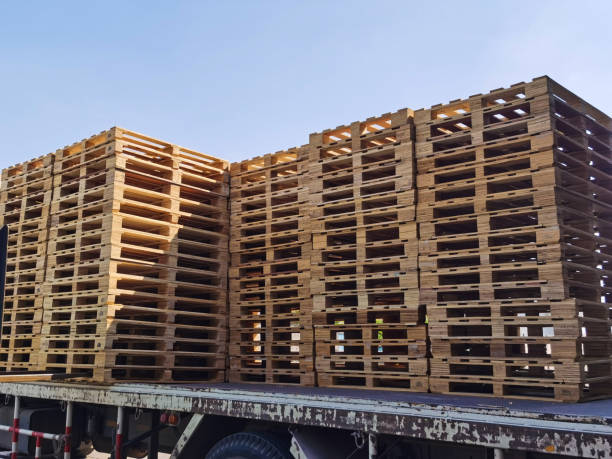 istock Worker driving forklift to loading and unloading wooden pallets from truck to warehouse cargo storage, shipment in logistics and transportation industrial, wood pallets stack 1304126853