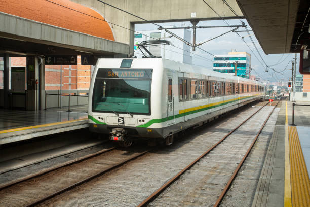 Metro-type mass transportation system that directly serves the city and its surrounding municipalities Medellin, Antioquia. Colombia - February 25, 2017. The Metro was the first modern mass transportation system in Colombia. Its construction began on April 30, 1985 and was inaugurated on November 30, 1995 metro medellin stock pictures, royalty-free photos & images