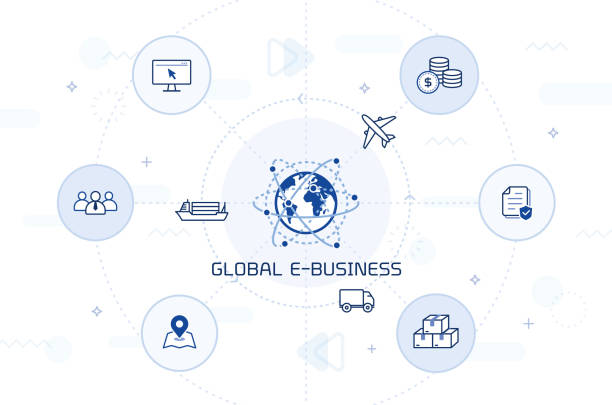 global e-business vector illustration: digital economy concept world network with business icons. e commerce platform, online shopping business process. global logistics infographic stock illustrations