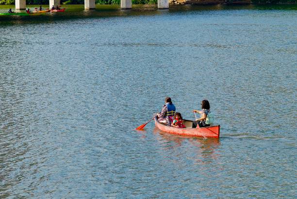 paddlers наслаждайтесь каноэ на озере леди берд, остин, техас - lake texas canoe canoeing стоковые фото и изображения