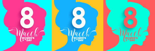 8 3월 8일 세계 여성 행사를 위해 미니멀리스트 스타일 디자인으로 여성의 얼굴로 여성의 날 포스터 또는 인사말 카드를 증정합니다. 여성의 날 컨셉을 위한 프로모션 및 배너 템플릿 - silhouette document adult adults only stock illustrations