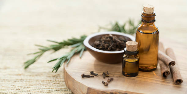 ätherische öle mit rosmarin, cloves & cinnamon. - aromatherapie stock-fotos und bilder