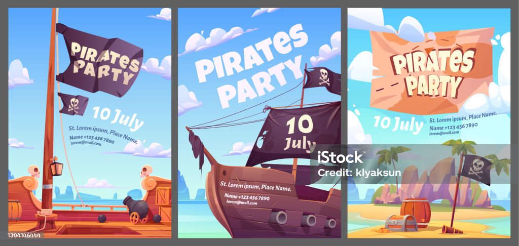 Pirates Party Kids Adventure Cartoon Posters Set Stock Illustration -  Download Image Now - Pirate - Criminal, Poster, Leisure Games - iStock