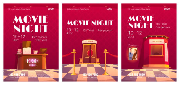 illustrations, cliparts, dessins animés et icônes de affiches de nuit de film avec l’intérieur de cinéma - door tickets