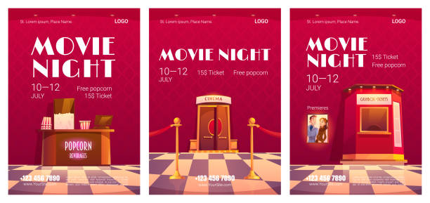 ilustrações, clipart, desenhos animados e ícones de pôsteres de noite de cinema com interior de cinema - edifício de teatro