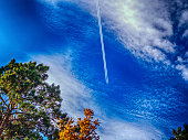 A contrails exhaust of a four-engine aircraft over the autumn forest.