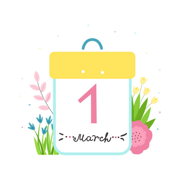 Concept for the first day of spring. The inscription March 1, tulips, hyacinths, branches around. Gentle colors. Vector illustration. Concept for the first day of spring. The inscription March 1, tulips, hyacinths, branches around. Gentle colors. Vector illustration. first day of spring 2021 stock illustrations