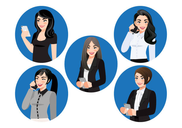 ilustrações de stock, clip art, desenhos animados e ícones de set of female use smartphone vector flat illustration. business women chatting or surfing internet on mobile phone. communication concept collection of person hold mobile phone vector. - mobile phone internet business surfing