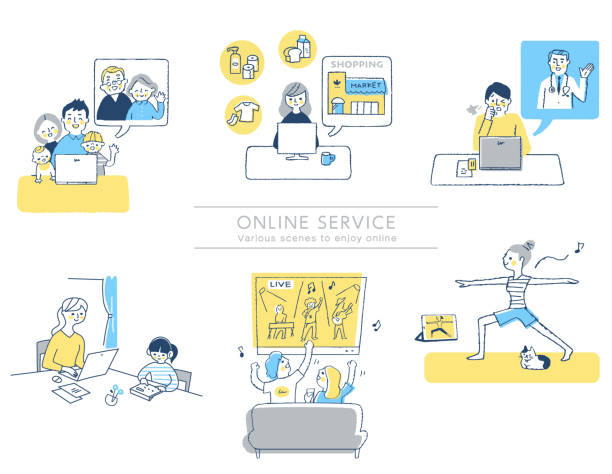 Various remote service scene sets People, computers, internet, work, life, technology family internet stock illustrations