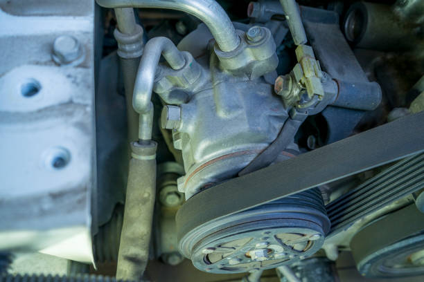 istock detail of the engine  fragment include ac compressor belt and pulley. 1304152002