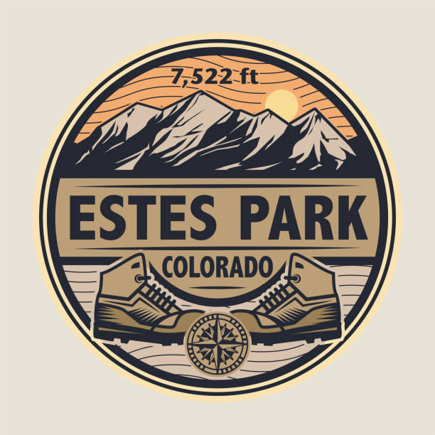 ilustrações, clipart, desenhos animados e ícones de selo abstrato ou emblema com o nome de estes park, colorado - mountain mountain range rocky mountains silhouette