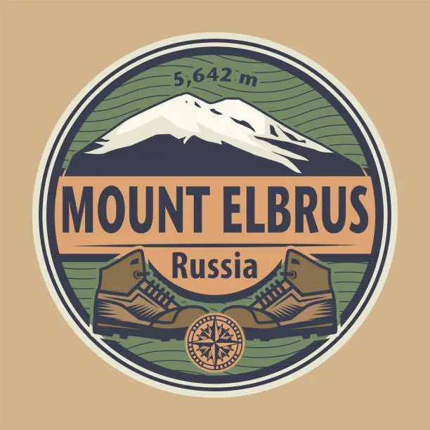 Vector illustration of Abstract stamp or emblem with the name of mountain peak Mount Elbrus, Russia