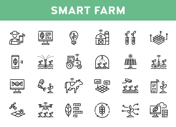 Vector Smart Farm Agriculture Icon Set Vector smart farm icon set. Outline symbols of technology agriculture. Innovation farmer management concept. Clear and simple digital farming elements precision agriculture stock illustrations