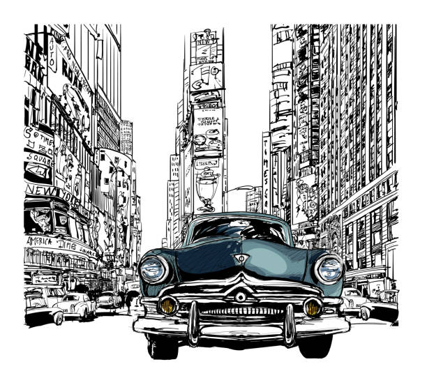Old car in New York Old car in New York - vector illustration (this car is completely fictitious) times square stock illustrations