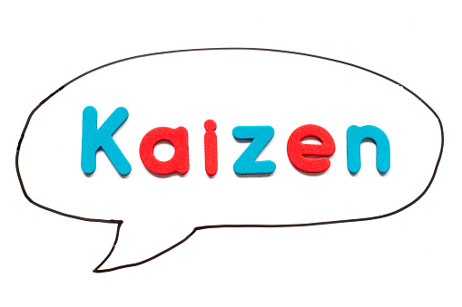 Alphabet letter with word kaizen in black line hand drawing as bubble speech on white board background