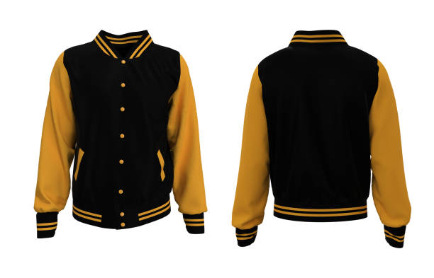 maqueta varsity jacket en vistas delanteras, laterales y traseras - chaqueta letterman fotografías e imágenes de stock