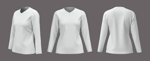 istock Women's v-neck t-shirt mockup, front, side and back views 1304155578