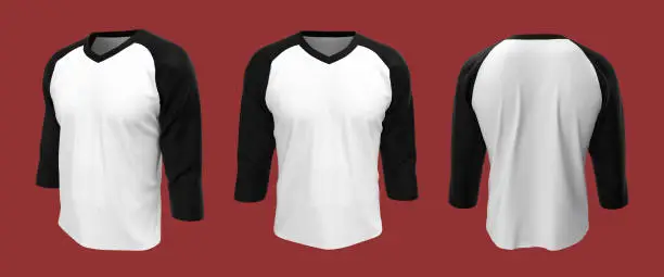 Long sleeves v-neck raglan t-shirt mockup, 3d illustration, 3d rendering