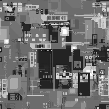 Three dimensional digitally generated conceptual image of a black and white circuit board. Motherboard digital chip, computer processor and other parts in electronic computer hardware technology. 3D background, abstract picture, top view