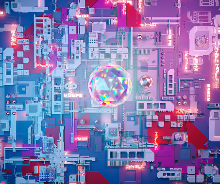 Three dimensional digitally generated conceptual image of a colored circuit board. Motherboard digital chip, computer processor and other parts in electronic computer hardware technology. 3D background, abstract picture, top view