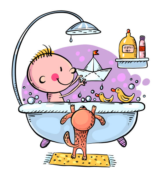 ilustrações de stock, clip art, desenhos animados e ícones de little kid or baby bathing and playing in the bathroom, daily routine - dog bathtub washing puppy