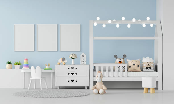 istock Blue child bedroom interior with frame mockup, 3D rendering 1304158601
