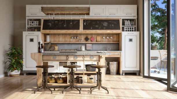 Retro Style Kitchen With White Cabinets, Wood Kitchen Island, Stools, Kitchen Utensils And Plant Tomatoes.