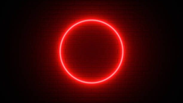 istock Neon sign on a brick wall. Glowing red circle. Abstract background, spectrum vibrant colors. 3d render illustration. 1304163734