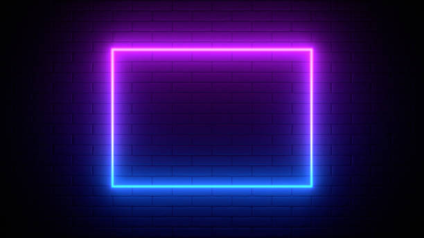 istock Neon sign on a brick wall. Glowing purple rectangle. Abstract background, spectrum vibrant colors. 3d render illustration. 1304164287