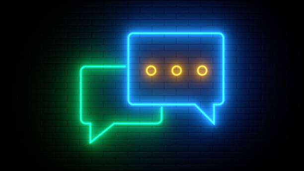 istock Neon sign on a brick wall. Glowing message chat icon. Abstract background, spectrum vibrant colors. 3d render illustration. 1304164298