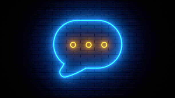 istock Neon sign on a brick wall. Glowing message chat icon. Abstract background, spectrum vibrant colors. 3d render illustration. 1304164309