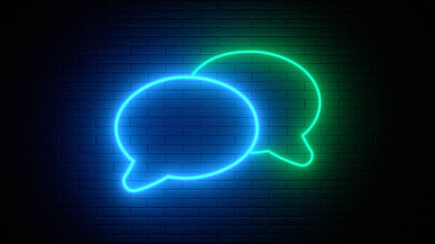 istock Neon sign on a brick wall. Glowing message chat icon. Abstract background, spectrum vibrant colors. 3d render illustration. 1304164331