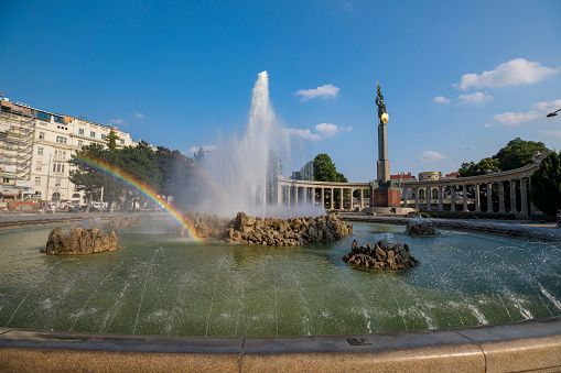 Vienna, Austria - August 28, 2019: Hochstrahlbrunnen is a beautiful water fountain on the town square Schwarzenbergplatz in Vienna, Austria.