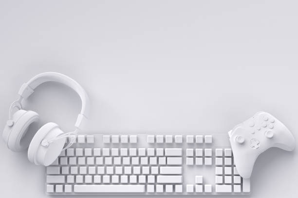 istock Top view of gamer workspace and gear like mouse, keyboard, joystick, headset 1304167786