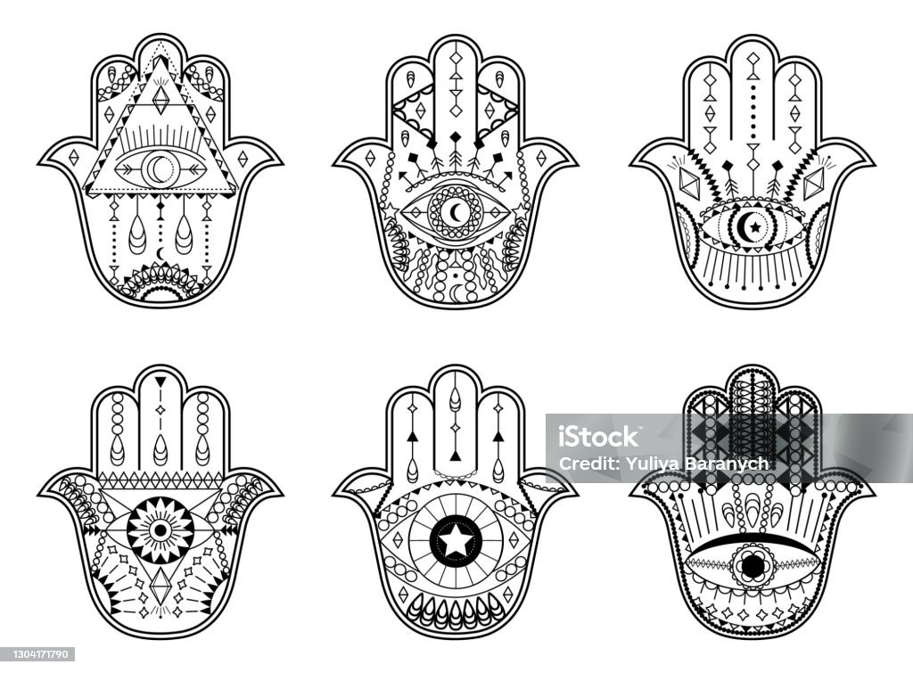 Hamsa Hand Vector Set With Mystical Esoteric Symbols Like Pyramid Evil ...