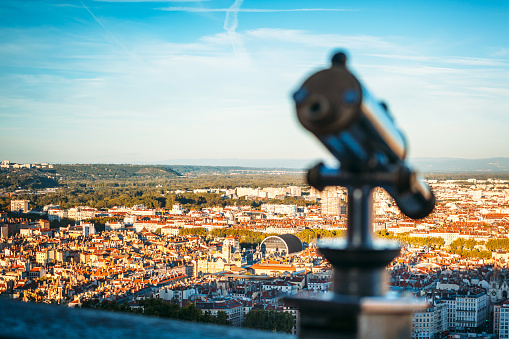 Wide cityscape of Lyon seen from viewpoint (Lyon, France).