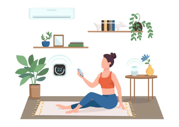 Vector illustration of Woman controlling air conditioning flat color vector faceless character. Girl adjusting thermostat for workout. Smart climate control isolated cartoon illustration for web graphic design and animation