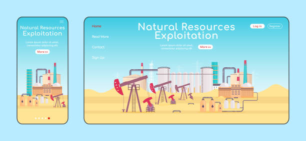 illustrations, cliparts, dessins animés et icônes de modèle de vecteur de couleur plate de page d’exploitation des ressources naturelles d’exploitation. mise en page d’accueil mobile et pc de l’usine de raffinage. extraction de fossiles de combustibles une page site web ui. conception de plate-forme - gas station fuel pump station gasoline