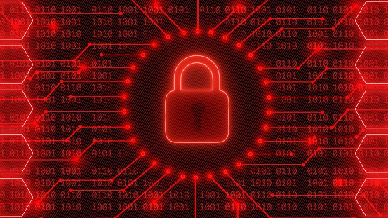 Padlock logo - abstract background in red of 4-digit binary code behind information connecting lines between honeycomb elements - cyber security and information technology concept - 3D Illustration