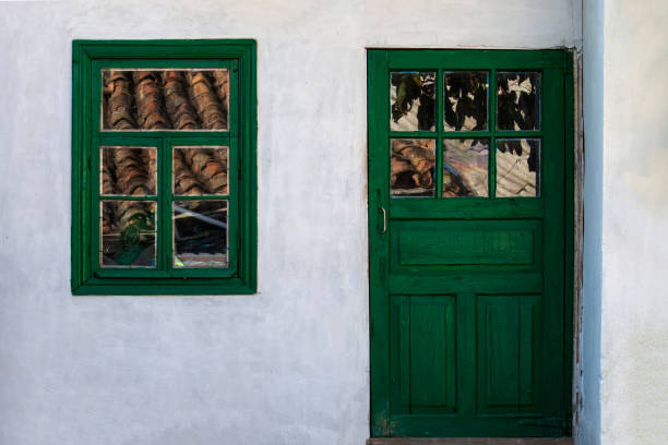 녹색 문과 오래된 백악관의 창. - senegal colors paint house 뉴스 사진 이미지