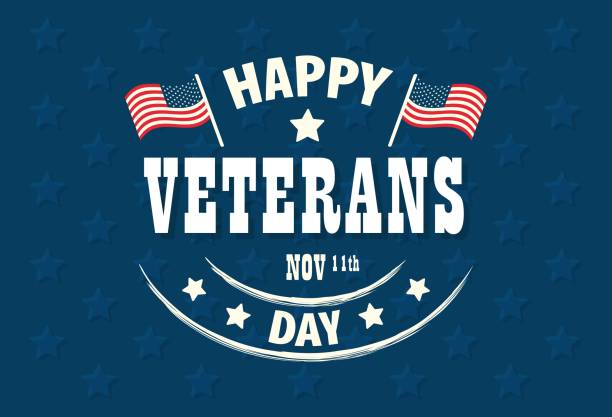 US Veterans day logo. Vector illustration with celebration text, USA flag, stars isolated on navy background. Typography poster for American national holiday. Icon, postcard, badge design US Veterans day logo. Vector illustration with celebration text, USA flag, stars isolated on navy background. Typography poster for American national holiday. Icon, postcard, badge design memorial day weekend stock illustrations