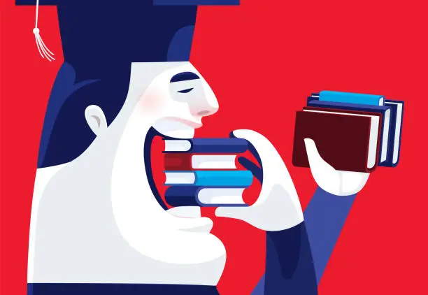Vector illustration of graduate eating stack of books