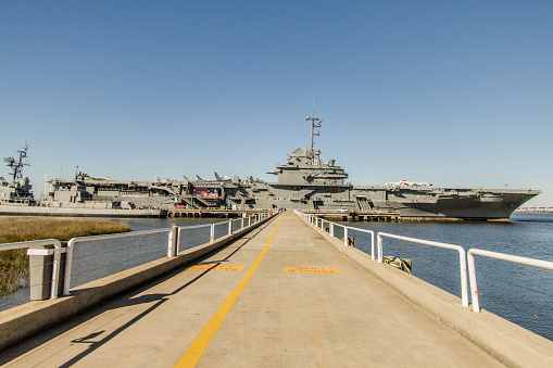 Mount Pleasant, South Carolina, USA -February 8, 2015: Retired aircraft carrier the USS Yorktown docked at the famous Patriots Point in South Carolina. The carrier was decommissioned in 1970 and became a museum ship in 1975.